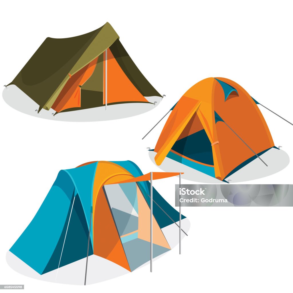 Awning tourist camping tents icons collection. Hiking pavilions vector illustration Awning tents isolated on white background. Realistic vector illustration of tourist camping tents icons collection. Hiking pavilions of triangle and dome design in green, blue, yellow colors. Tent stock vector