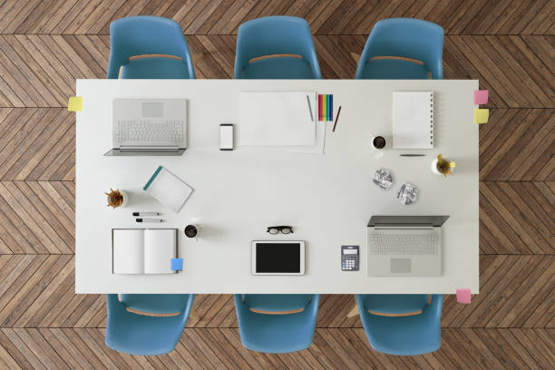 istock Office desk business team group knolling 658545824