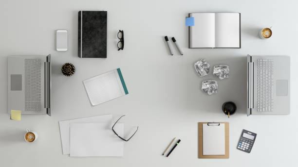 istock Knolling team work business desk view 658549112