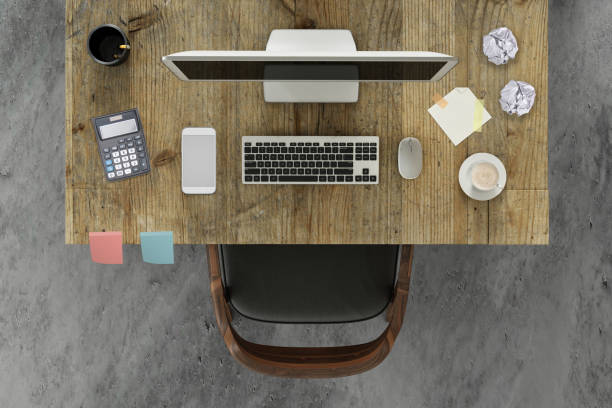 knolling scene business desk with a pc monitor and a chair business office setup, template top view of a desk with a chair, pc computer monitor with a keyboard, smartphone, mouse, and a coffee, papers and sticky notes. horizontal composition. no people office chair stock pictures, royalty-free photos & images