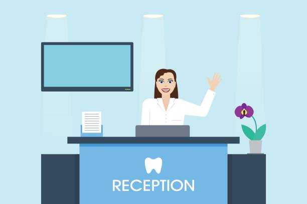 ilustraciones, imágenes clip art, dibujos animados e iconos de stock de recepción en la clínica dental. - tv reception