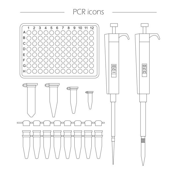 icons of standard pcr equipment PCR outline icon set of 96 well plate, pipette, eppendorf and strip. Vector lab equipment for pcr, molecular biology research, dna testing, scientific experiments pcr device stock illustrations