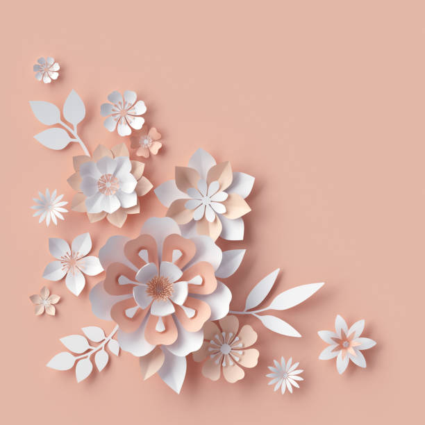 istock 3d render, abstract paper flowers, decorative corner, peachy rose pink background, greeting card template, floral craft design elements 658557162
