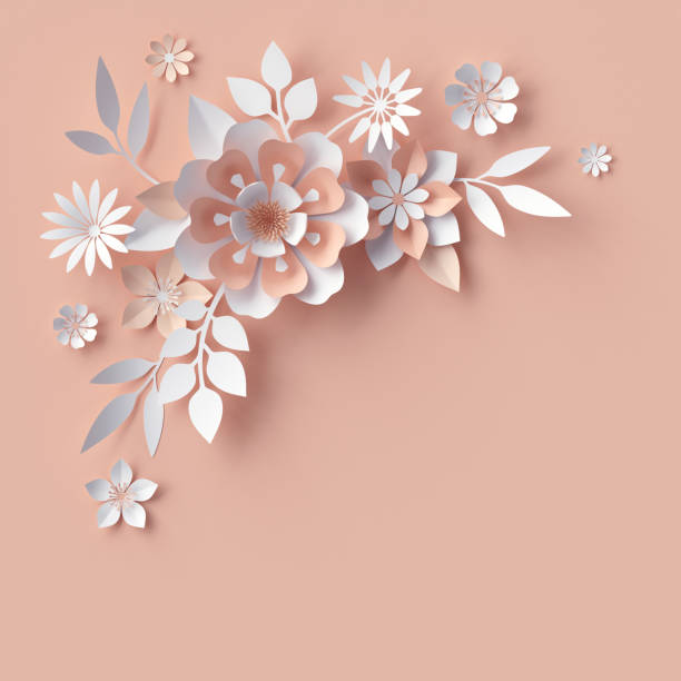istock render, abstract paper flowers, decorative corner, peachy rose pink background, greeting card template, floral craft design elements 658557244
