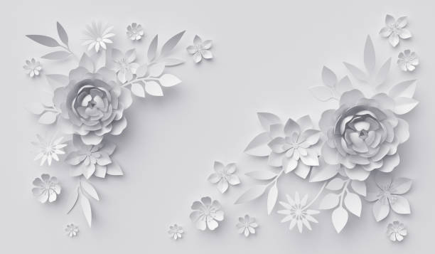 3d render, abstract white paper flowers, horizontal floral background, decoration, greeting card template