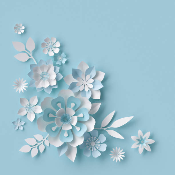 istock 3d render, abstract white paper flowers, pastel blue background, floral corner decor 658557840