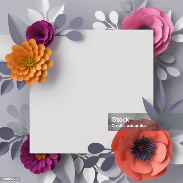 Foto de Renderização 3d Flores De Papel Abstrato Floral Fundo Moldura Quadrada Em Branco Modelo De Cartão e mais fotos de stock de Moldura de Quadro - Composição