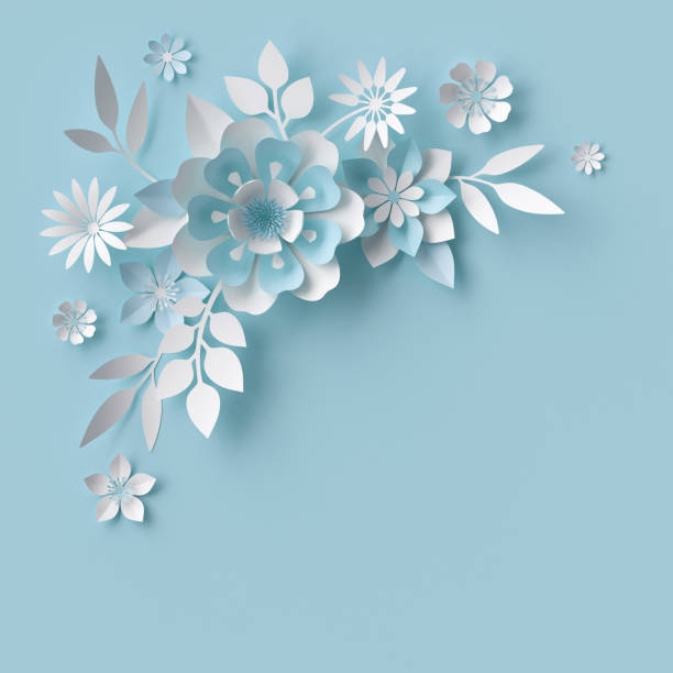 istock 3d render, abstract white paper flowers, pastel blue background, floral corner decor 658558136