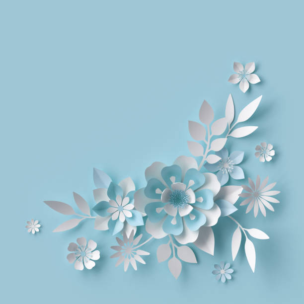 3d render, abstract white paper flowers, pastel blue background, floral decor
