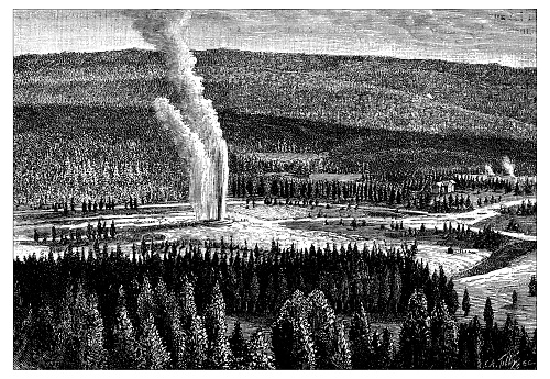 Antique engraving illustration: Yellowstone Park Old Faithful geyser