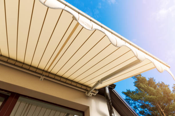 awning over balcony window against blue sky awning over balcony window against blue sky in the shade stock pictures, royalty-free photos & images