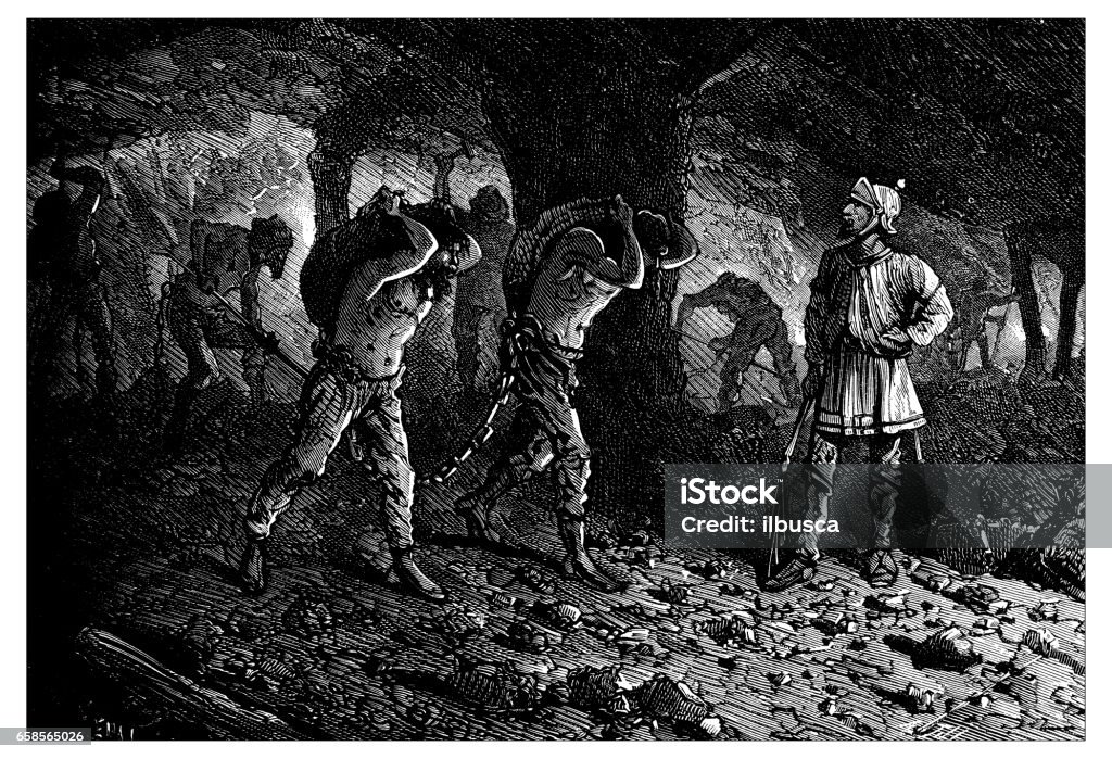 Antique engraving illustration: Roman miner slaves Slavery stock illustration