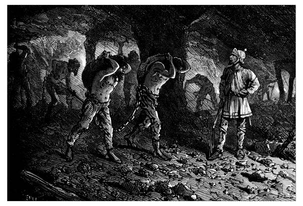 Antique engraving illustration: Roman miner slaves Antique engraving illustration: Roman miner slaves drawing of slaves working stock illustrations