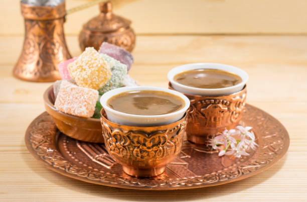 istock Coffee and Turkish delight in a copper cups 658568906