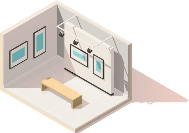 Vector isometric low poly museum interior Vector isometric low poly museum or art gallery interior gallery picture frames wall set pictures stock illustrations