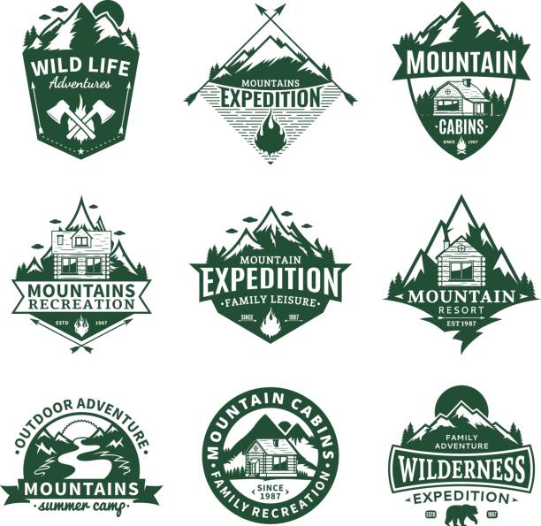 Mountain and outdoor recreation labels Set of vector mountain and outdoor recreation labels. Mountains and travel icons for tourism organizations, outdoor andventures and camping leisure colorado illustrations stock illustrations
