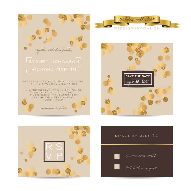 Elegant wedding set with rsvp and save the date cards, decorated with golden glitter. Elegant wedding set with rsvp and save the date cards, decorated with golden glitter. anniversary card stock illustrations
