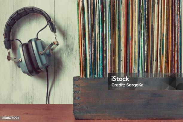 Old Vinyl Records And Headphones Stock Photo - Download Image Now - Record - Analog Audio, Crate, Stack