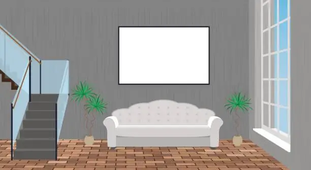 Vector illustration of Mockup living room interior with empty frame, sofa, brick floor and second floor stairway.
