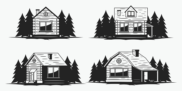 Set of wooden cabin and ecological house icons and design elements