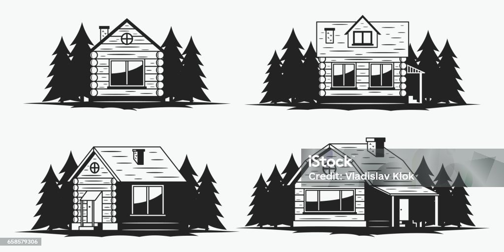 Wooden cabin icons Set of wooden cabin and ecological house icons and design elements Log Cabin stock vector