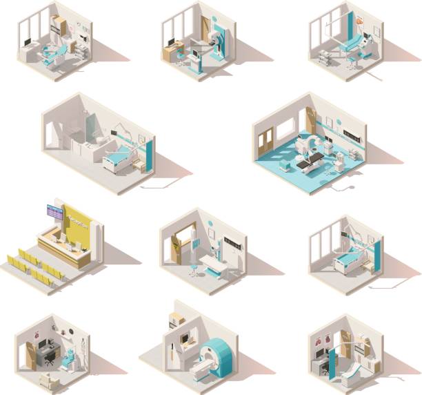 wektorowe izometryczne pokoje szpitalne o niskim poli - medical equipment mri scanner hospital mri scan stock illustrations
