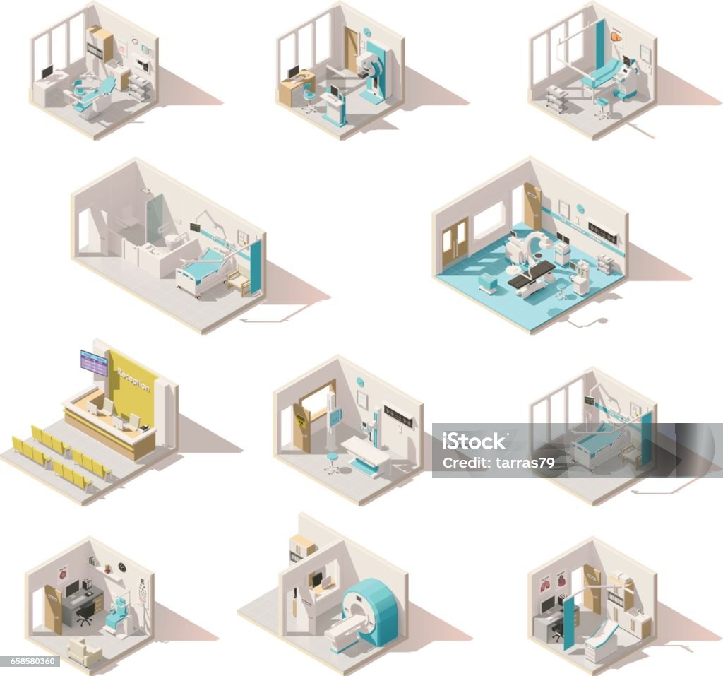 Vector isometric low poly hospital rooms Vector isometric low poly hospital rooms set Isometric Projection stock vector