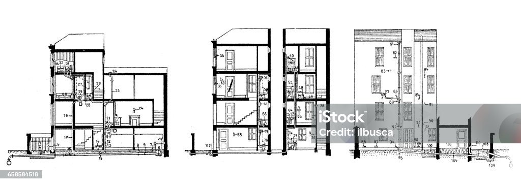 Antique engraving illustration: buildings blueprint sections House stock illustration