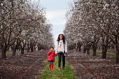 Mother and daughter together in blossom almond field.
