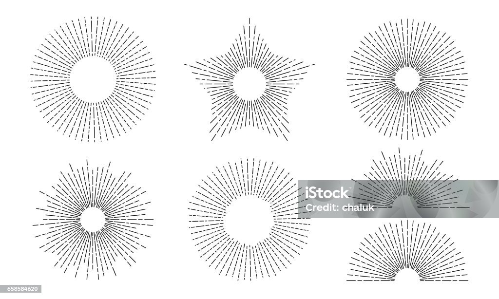Sun and rays vector star and bow icons set of thin line Sun rays lines vector icons set of circles, stars and bow shapes. Thin line and dashes symbols of sunshine and light beams on white background for graphic design element or vintage tattoo Engraving stock vector