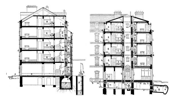 골동품 조각 그림: 건물 청사진 섹션 - cross section house built structure apartment stock illustrations