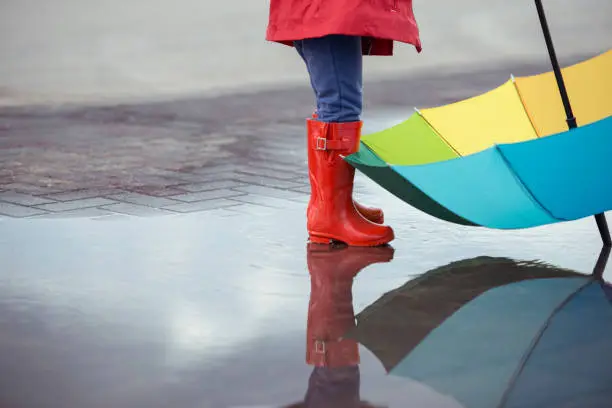 Unrecognized toddler wearing red wellies / rubber boots and rain coat, standing in puddle on paved road, playing with colorful umbrella.