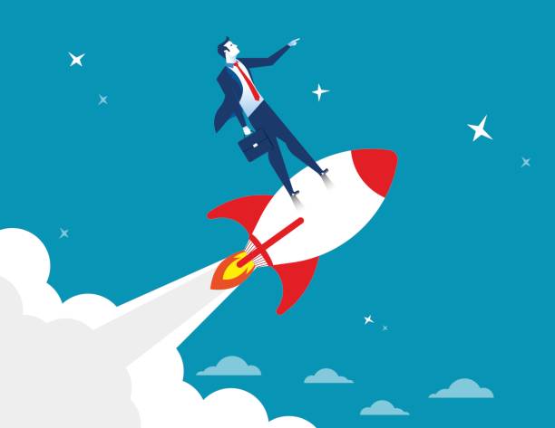 ilustrações de stock, clip art, desenhos animados e ícones de start up. businessman standing on rocket ship flying through starry sky. concept business illustration. vector flat - star nautical vessel one person direction