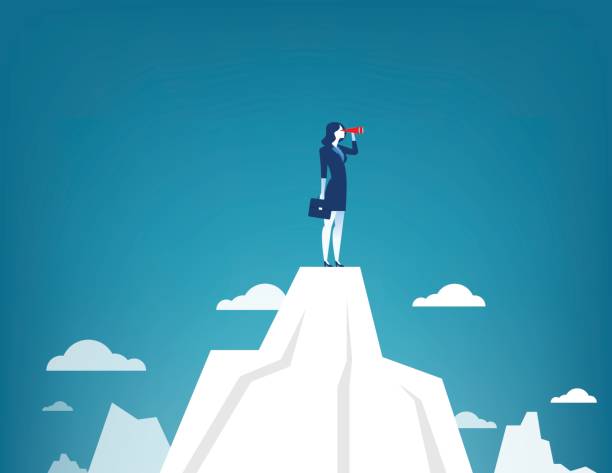 Businesswoman standing on top of the mountain using telescope looking for success. Concept business illustration. Vector flat Businesswoman standing on top of the mountain using telescope looking for success. Concept business illustration. Vector flat cliffs stock illustrations