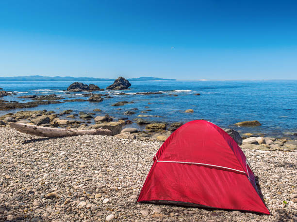 istock Red tent on the rocky ocean beach 658595324