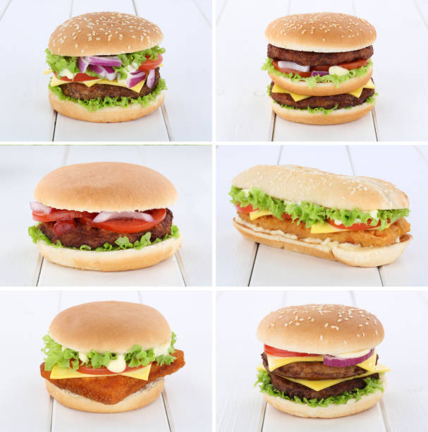 istock Hamburger collection set cheeseburger tomatoes lettuce cheese wooden board 658595468