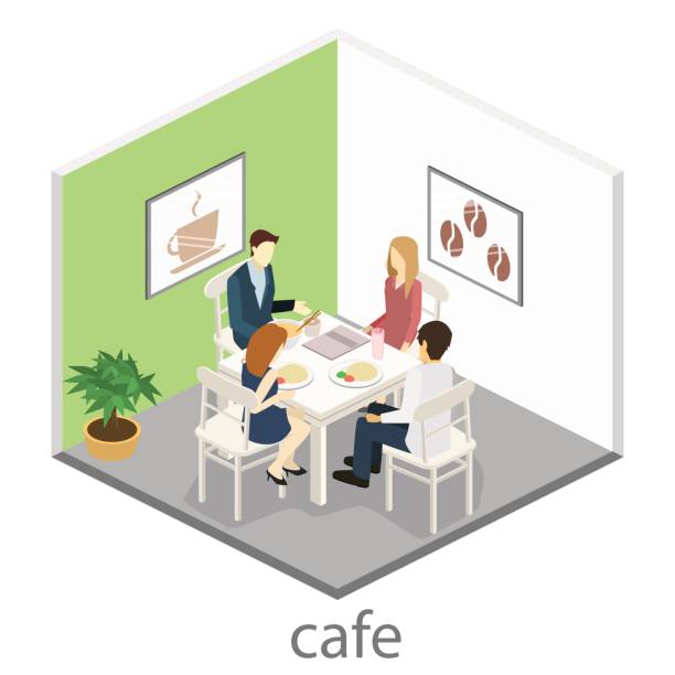 ilustraciones, imágenes clip art, dibujos animados e iconos de stock de isométrica interior de cafetería. diseño isométrico plano 3d interiores café o restaurante. las personas se sientan en mesas y comerán. - isometric people cafe coffee shop