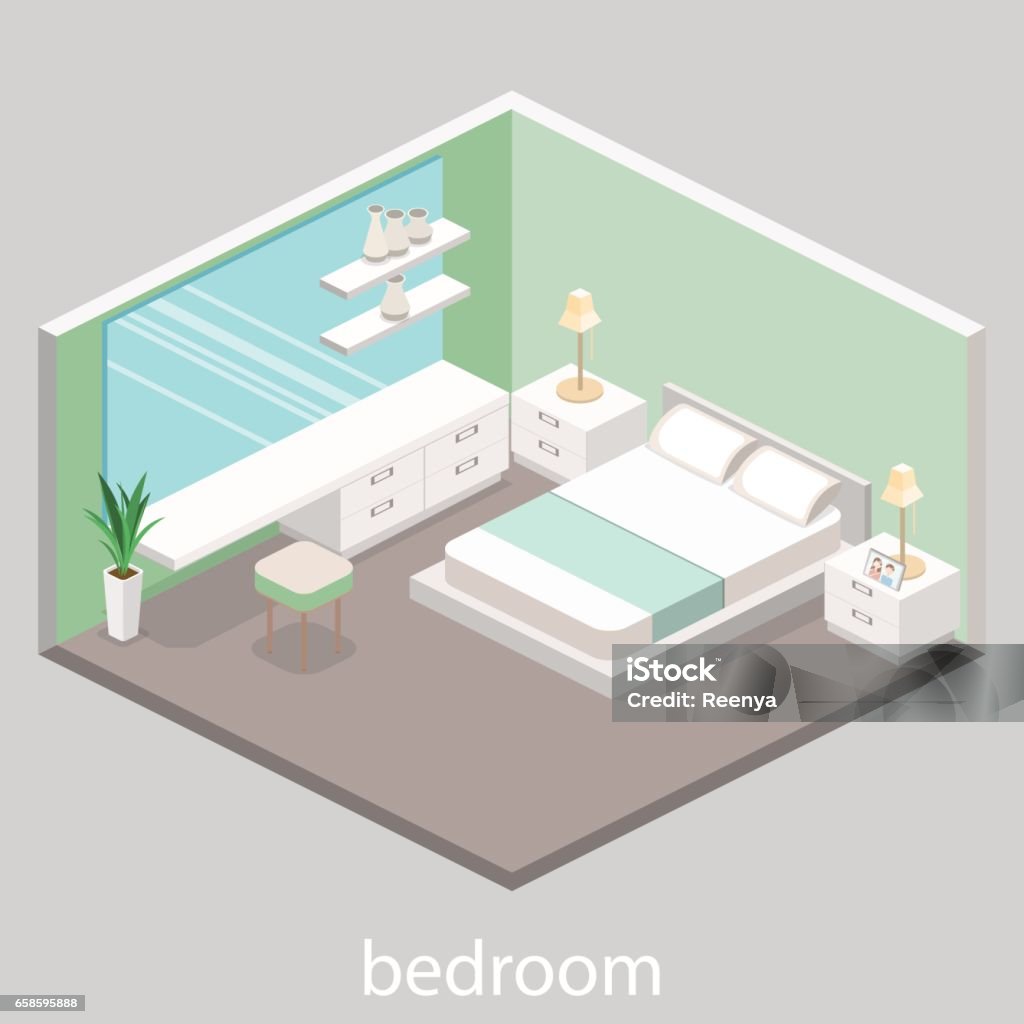 modern bedroom design in isometric style. modern bedroom design in isometric style. Flat 3D illustrationmodern bedroom design in isometric style. Flat 3D illustration Apartment stock vector