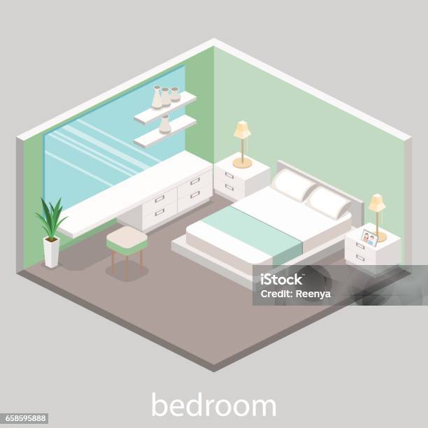 Modern Bedroom Design In Isometric Style Stock Illustration - Download Image Now - Apartment, Architecture, Bed - Furniture