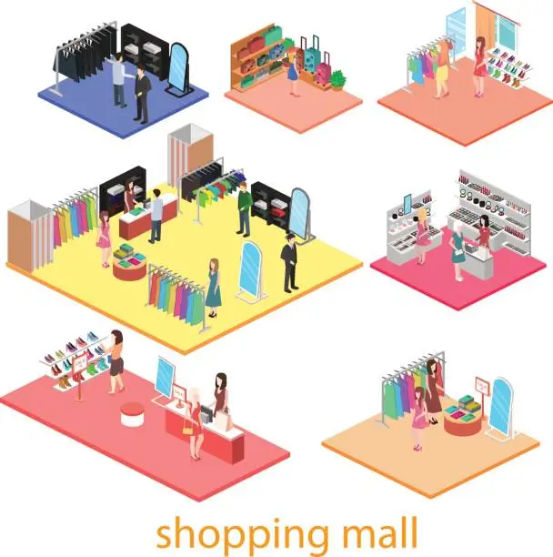 Vector illustration of isometric interior of shopping mall.