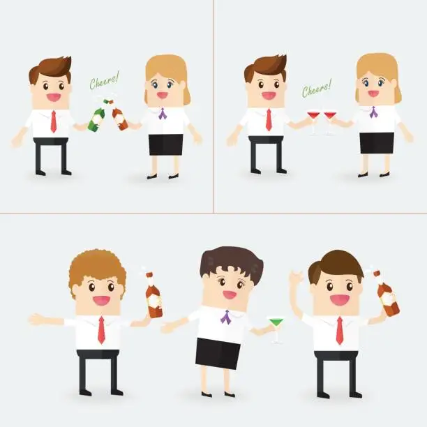 Vector illustration of set of businessman or coworker toasting bottles of beer, cocktail