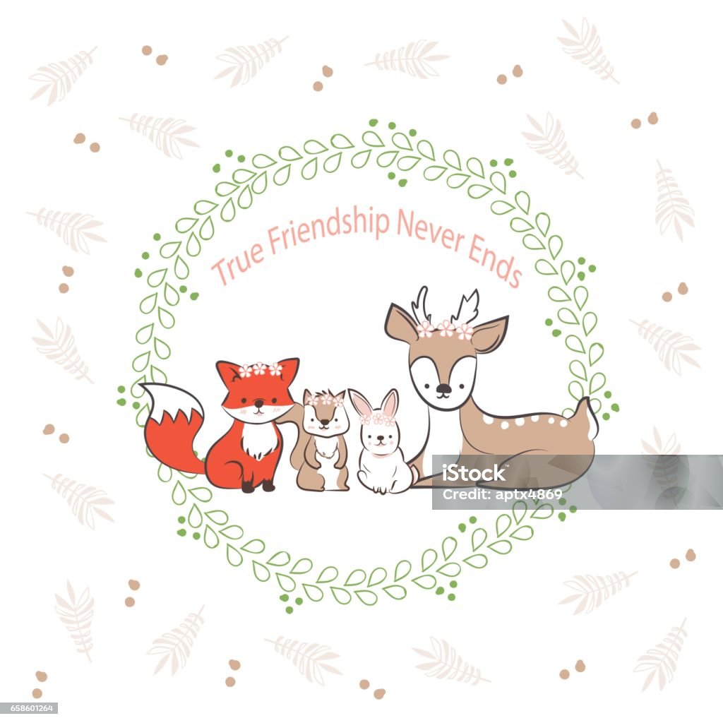 Doodle Set Of Best Friends Cute Rabbit Fox Squirrel And Deer In ...
