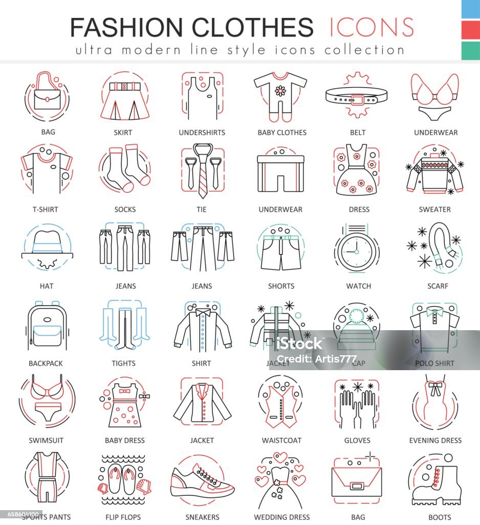 Vector Clothes shoes color line outline icons for apps and web design. Clothes shoes icons Adult stock vector