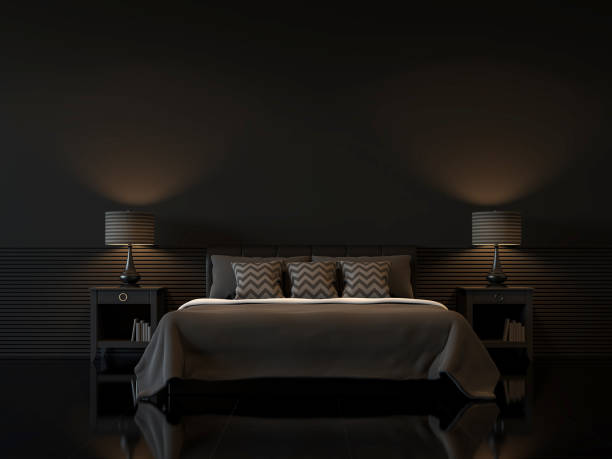 Modern bedroom interior with empty black wall 3d rendering image stock photo