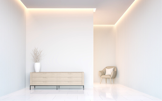 Empty white room modern space interior 3d rendering image.A blank wall with pure white. Decorate wall with virtical line pattern and hidden warm light
