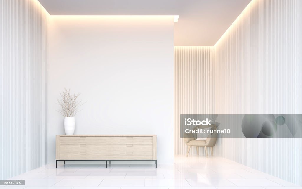 Empty white room modern space interior 3d rendering Empty white room modern space interior 3d rendering image.A blank wall with pure white. Decorate wall with virtical line pattern and hidden warm light Wall - Building Feature Stock Photo