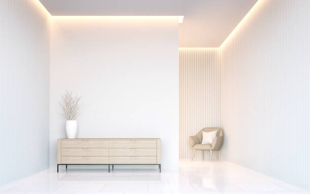 пустая белая комната современного пространства интерьера 3d рендеринга - wall office indoors white стоковые фото и изображения