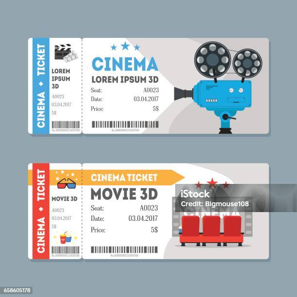 Cartoon Cinema Tickets Big Set Vector Stock Illustration - Download Image Now - Concert, Ticket, Flat Design