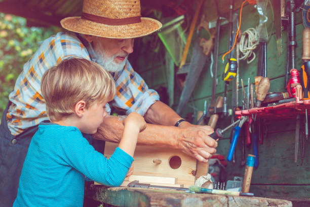istock Senior man and his grandson make birdhouse 658605800