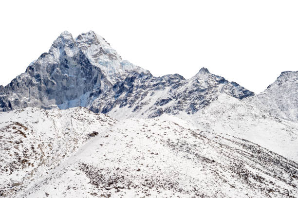 Stunning black and white panoramic landscape photograph capturing the dramatic silhouette of a sharp, snow-dusted central mountain peak piercing the sky, flanked by layered ridges and jagged outcrops under a vast, ethereal cloudy expanse. The high-contrast monochrome tones emphasize geological textures, glacial highlights, and vast wilderness scale, evoking timeless adventure and natural grandeur. Ideal for themes of mountaineering exploration, Himalayan-inspired vistas, environmental serenity, or abstract topography art. High-resolution, royalty-free stock image perfect for editorial features, travel posters, outdoor branding, book covers, or inspirational wallpapers.